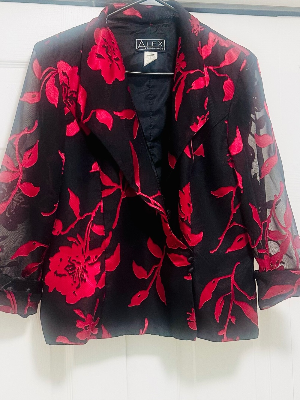Alex Evenings Black Jacket with Red Floral Burnout - Picture 6 of 8